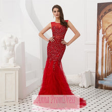 Red Prom Dresses Scoop Trumpet Mermaid Plume Beaded Long Open Back Prom Dress JKL1605|Annapromdress