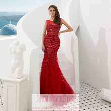 Red Prom Dresses Scoop Trumpet Mermaid Plume Beaded Long Open Back Prom Dress JKL1605|Annapromdress