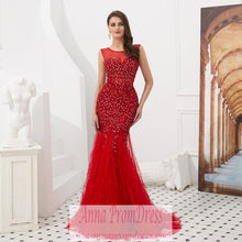 Red Prom Dresses Scoop Trumpet Mermaid Plume Beaded Long Open Back Prom Dress JKL1605|Annapromdress
