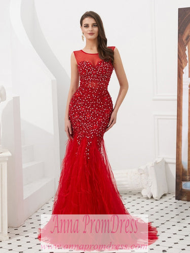 Red Prom Dresses Scoop Trumpet Mermaid Plume Beaded Long Open Back Prom Dress JKL1605|Annapromdress