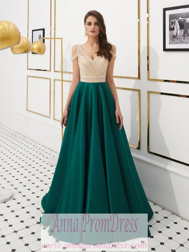 Sparkly Prom Dresses Aline Beading V-neck Open Back Satin Dark Green Prom Dress JKL1606|Annapromdress