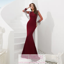 Long Sleeve Prom Dresses Mermaid Long Burgundy Beading Sexy Gorgeous Prom Dress JKL1608|Annapromdress