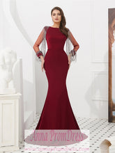 Long Sleeve Prom Dresses Mermaid Long Burgundy Beading Sexy Gorgeous Prom Dress JKL1608|Annapromdress