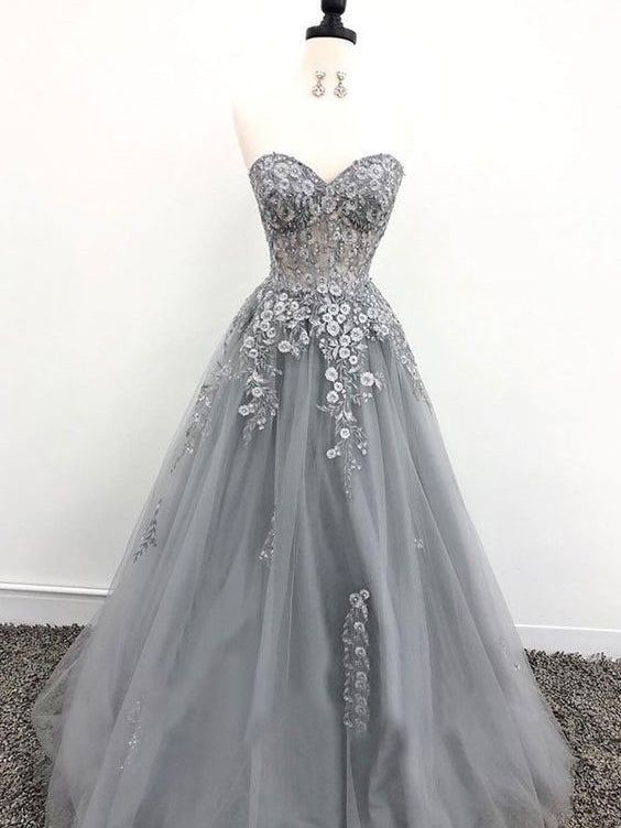 Fairy Prom Dresses Sweetheart A-line Long Tulle Grey Prom Dress Fashion Evening Dress JKL1611|Annapromdress