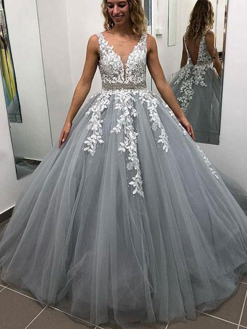 Open Back Prom Dresses with Straps Aline V Neck Appliques Grey Long Prom Dress JKL1612|Annapromdress