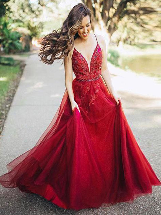 Burgundy Prom Dresses with Spaghetti Straps Long Simple Sexy Open Back Lace Prom Dress JKL1613|Annapromdress