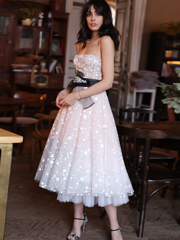 chinese dress ladies Sparkly Prom Dresses with Straps Star Lace Tea-length Prom Dress Fashi –  Anna PromDress
