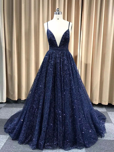 Sparkly Prom Dresses with Spaghetti Straps Aline Long Dark Navy Gorgeous Prom Dress JKL1616|Annapromdress