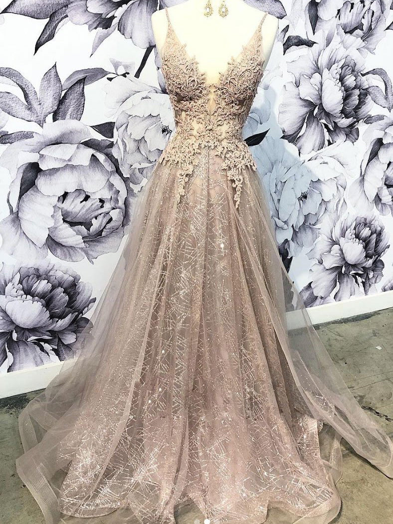 Beautiful Prom Dresses Aline Deep V Neck Open Back Glitter Lace Long Prom Dress JKL1617|Annapromdress