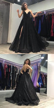 Sparkly Prom Dresses with Spaghetti Straps A-line Long Sequin Lace Slit Black Prom Dress JKL1623|Annapromdress
