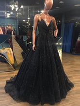 Sparkly Prom Dresses with Spaghetti Straps A-line Long Sequin Lace Slit Black Prom Dress JKL1623|Annapromdress