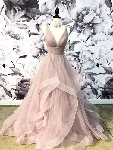 Open Back Prom Dresses with Straps V-neck Dusty Rose Prom Dress Fashion Evening Dress JKL1624|Annapromdress