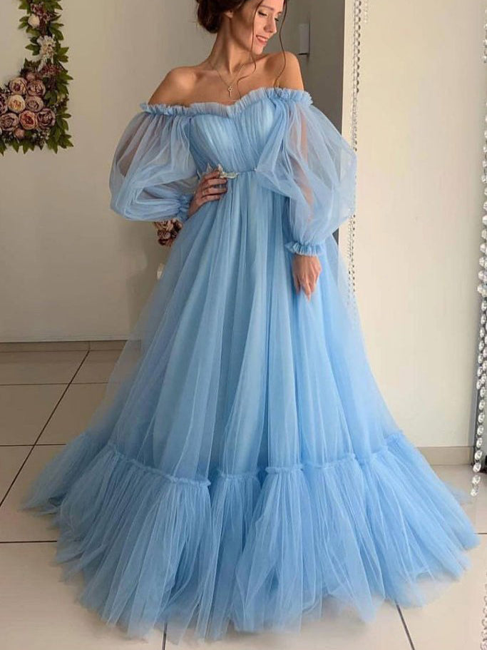 chinese dress ladies Royal Blue See Through Lace Long Sleeve V-neck High Low Prom Dresses , –  AlineBridal main image 0