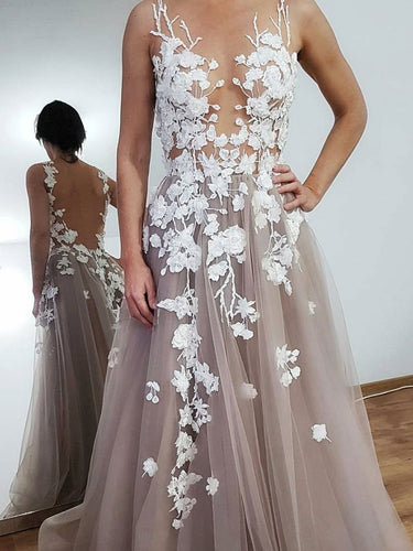 Beautiful Prom Dresses Aline See Through Open Back Appliques Long Prom Dress JKL1633|Annapromdress