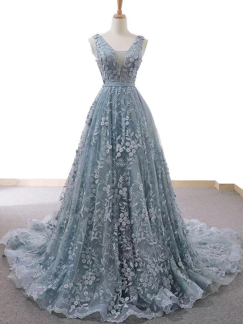 Fashion Prom Dresses with Straps A Line Long Dusty Blue Prom Dress Lace Evening Dress JKL1634|Annapromdress