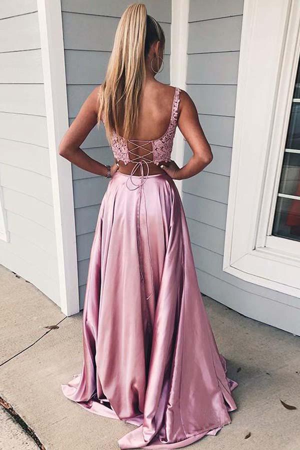 A Line Two Piece Pink High Neck Open Back Prom Dress LBQ3274 main image 1