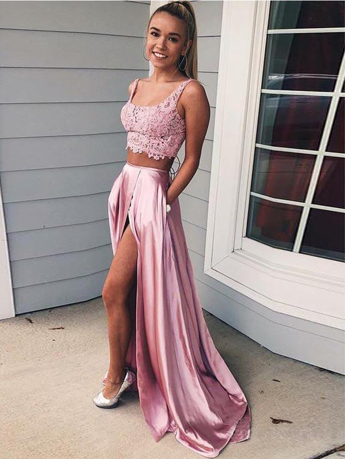 Two Piece Prom Dresses with Straps Aline Open Back Deep Slit Long Pink Lace Prom Dress JKL1637|Annapromdress