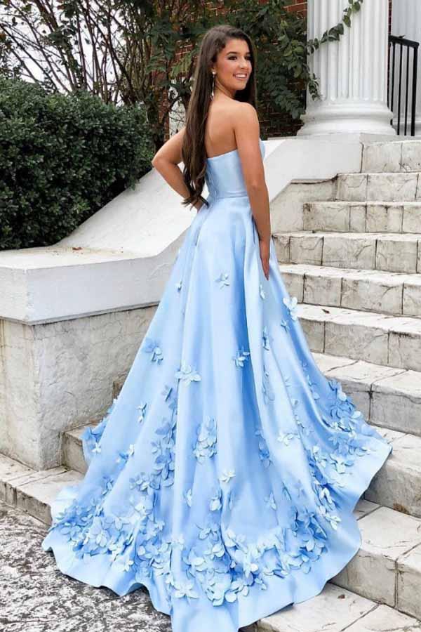 Fashion Prom Dresses Strapless A Line Long Sky Blue Prom Dress Floral Anna PromDress Fashion Prom Dresses Strapless A Line Long Sky Blue Prom Dress Floral Anna PromDress
