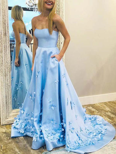 Fashion Prom Dresses Strapless A Line Long Sky Blue Prom Dress Floral Evening Dress JKL1638|Annapromdress