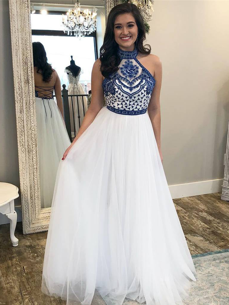 Halter Prom Dresses Open Back High Neck Aline Long Embroidery Tulle Wh –  Anna PromDress