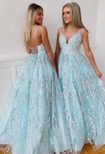 Backless Prom Dresses Spaghetti Straps Aline Ice Blue Lace Prom Dress Floral Evening Dress JKL1641|Annapromdress