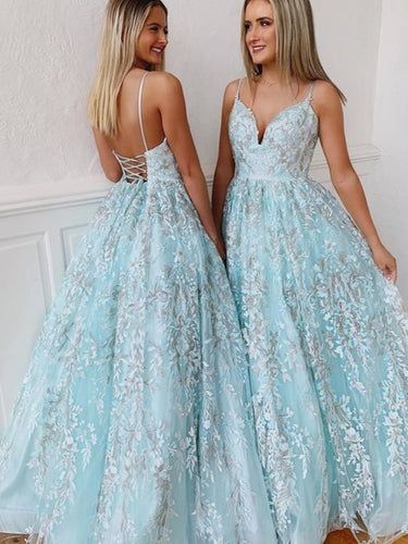 Backless Prom Dresses Spaghetti Straps Aline Ice Blue Lace Prom Dress Floral Evening Dress JKL1641|Annapromdress