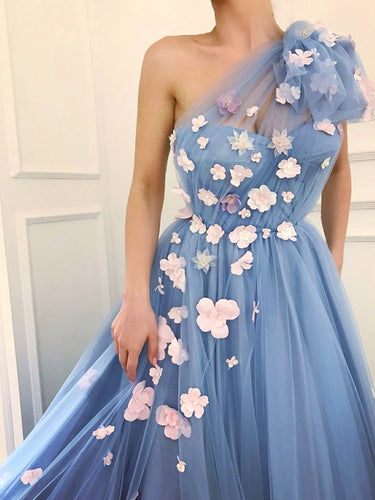 One Shoulder Prom Dresses Aline Pink Hand-Made Flower Lavender Cheap Long Prom Dress JKL1642|Annapromdress