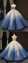 Ball Gown Prom Dresses Luxury Cap Sleeve Floral Lace Long Royal Blue Ombre Prom Dress JKL1643|Annapromdress