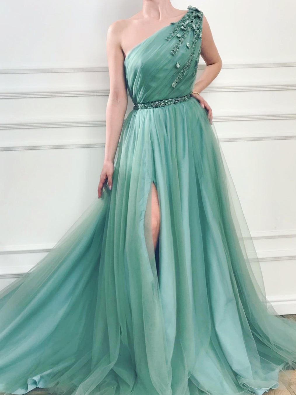 One Shoulder Prom Dresses with Deep Slit Aline Beaded Sexy Long Simple Prom Dress JKL1645|Annapromdress
