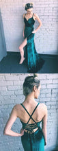 Dark Green Prom Dresses with Straps V Neck Sheath Sexy Long Deep Slit Prom Dress JKL1647|Annapromdress