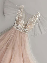 Fairy Prom Dresses Short Sleeve Aline Tulle Blush Pink Star Lace Long Prom Dress JKL1649|Annapromdress