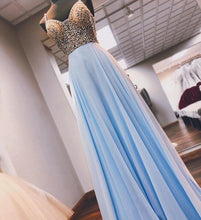 Open Back Prom Dresses with Fine Straps A Line Rhinestone Long Sky Blue Prom Dress JKL1650|Annapromdress