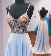 Open Back Prom Dresses with Fine Straps A Line Rhinestone Long Sky Blue Prom Dress JKL1650|Annapromdress