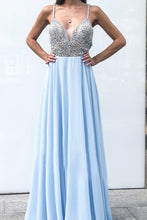 Open Back Prom Dresses with Fine Straps A Line Rhinestone Long Sky Blue Prom Dress JKL1650|Annapromdress