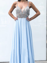 Open Back Prom Dresses with Fine Straps A Line Rhinestone Long Sky Blue Prom Dress JKL1650|Annapromdress