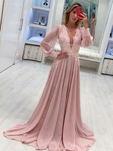 Long Sleeve Prom Dresses Deep V Neck A Line Pink Prom Dress Chiffon Long Evening Dress JKL1651|Annapromdress