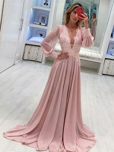 Long Sleeve Prom Dresses Deep V Neck A Line Pink Prom Dress Chiffon Long Evening Dress JKL1651|Annapromdress
