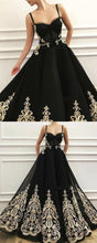 Black Prom Dresses with Straps Gold Appliques Sparkly Prom Dress A Line Evening Dress JKL1653|Annapromdress