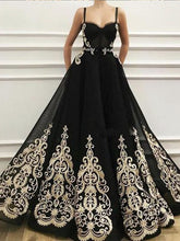 Black Prom Dresses with Straps Gold Appliques Sparkly Prom Dress A Line Evening Dress JKL1653|Annapromdress
