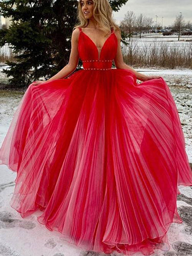 Red Prom Dresses with Straps Sweep Train A Line Ruffles Simple Long Prom Dress JKL1655|Annapromdress