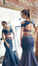 Two Piece Prom Dresses with Straps Mermaid Embroidery Dark Navy Long Prom Dress JKL1656|Annapromdress