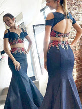 Two Piece Prom Dresses with Straps Mermaid Embroidery Dark Navy Long Prom Dress JKL1656|Annapromdress