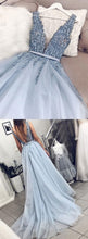 Open Back Prom Dresses V Neck Dusty Blue Beaded Prom Dress Sparkly Evening Dress JKL1657|Annapromdress
