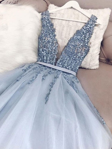 Open Back Prom Dresses V Neck Dusty Blue Beaded Prom Dress Sparkly Evening Dress JKL1657|Annapromdress