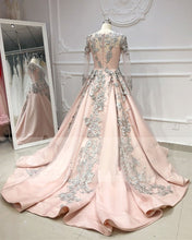 Long Sleeve Prom Dresses Sweep Train A Line Embroidery Long Satin Pink Prom Dress JKL1659|Annapromdress