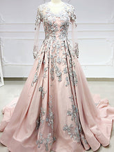 Long Sleeve Prom Dresses Sweep Train A Line Embroidery Long Satin Pink Prom Dress JKL1659|Annapromdress