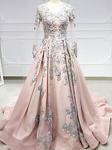 Long Sleeve Prom Dresses Sweep Train A Line Embroidery Long Satin Pink Prom Dress JKL1659|Annapromdress