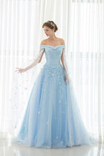 Light Sky Blue Prom Dresses Off-the-shoulder Sweep/Brush Train Tulle Prom Dress/Evening Dress JKL166