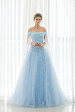 Light Sky Blue Prom Dresses Off-the-shoulder Sweep/Brush Train Tulle Prom Dress/Evening Dress JKL166