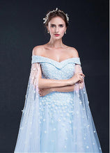 Light Sky Blue Prom Dresses Off-the-shoulder Sweep/Brush Train Tulle Prom Dress/Evening Dress JKL166